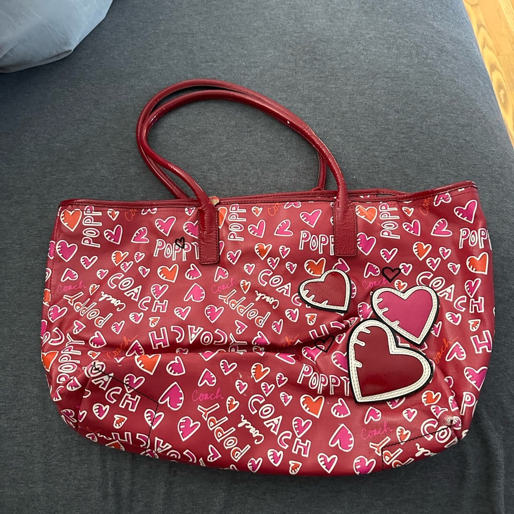 Coach Poppy Vintage Red and Pink Heart Floral Tote